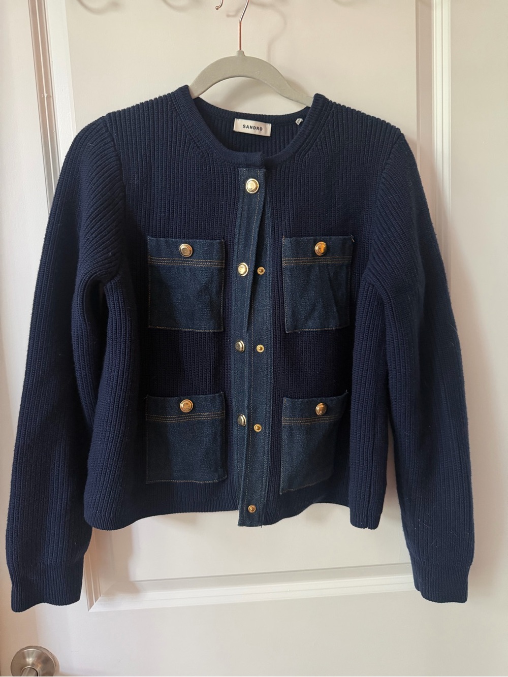 Sandro Navy Knit Cardigan with Gold Buttons